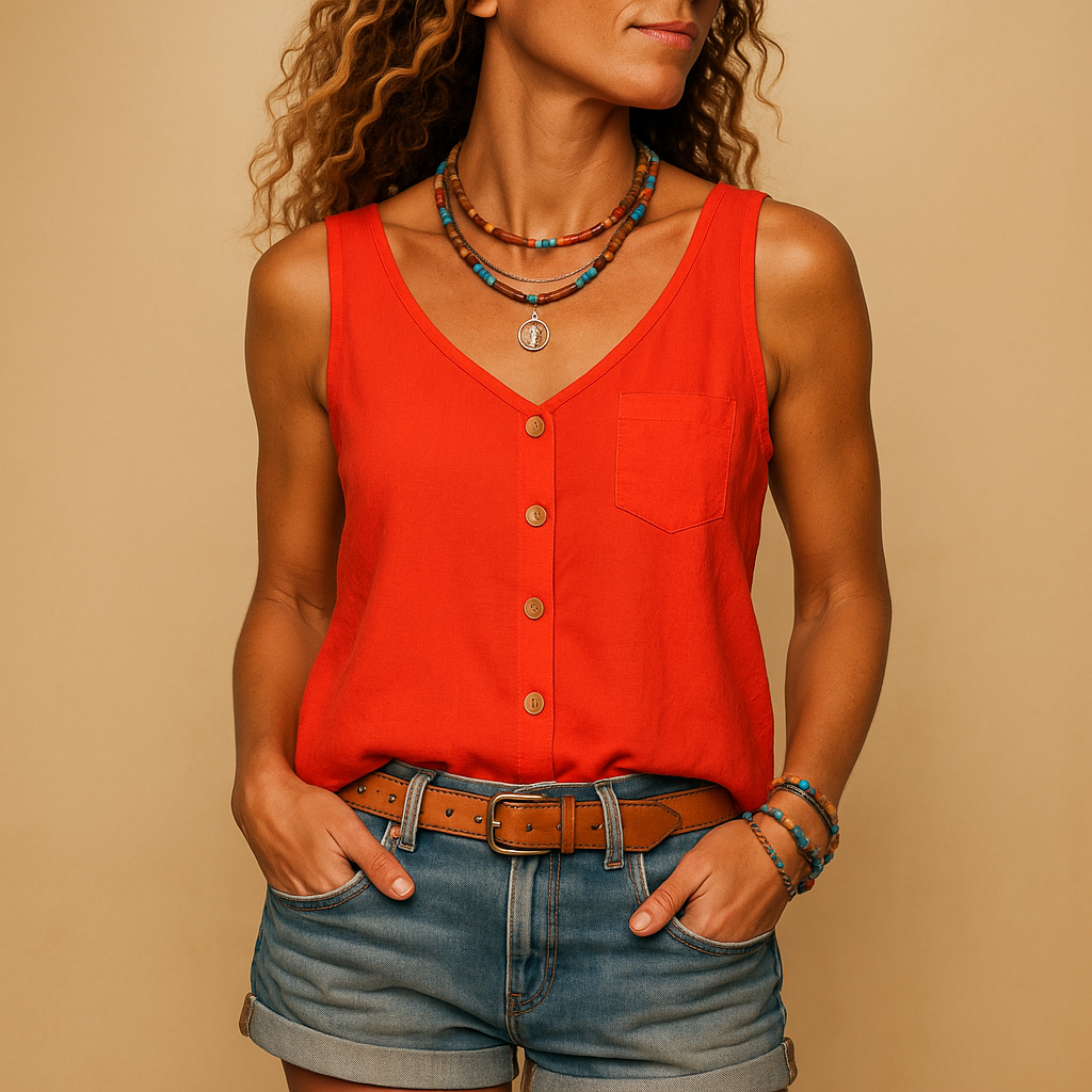 Women’s sleeveless V-neck summer top in vibrant colors with relaxed fit and casual style, perfect for warm weather.