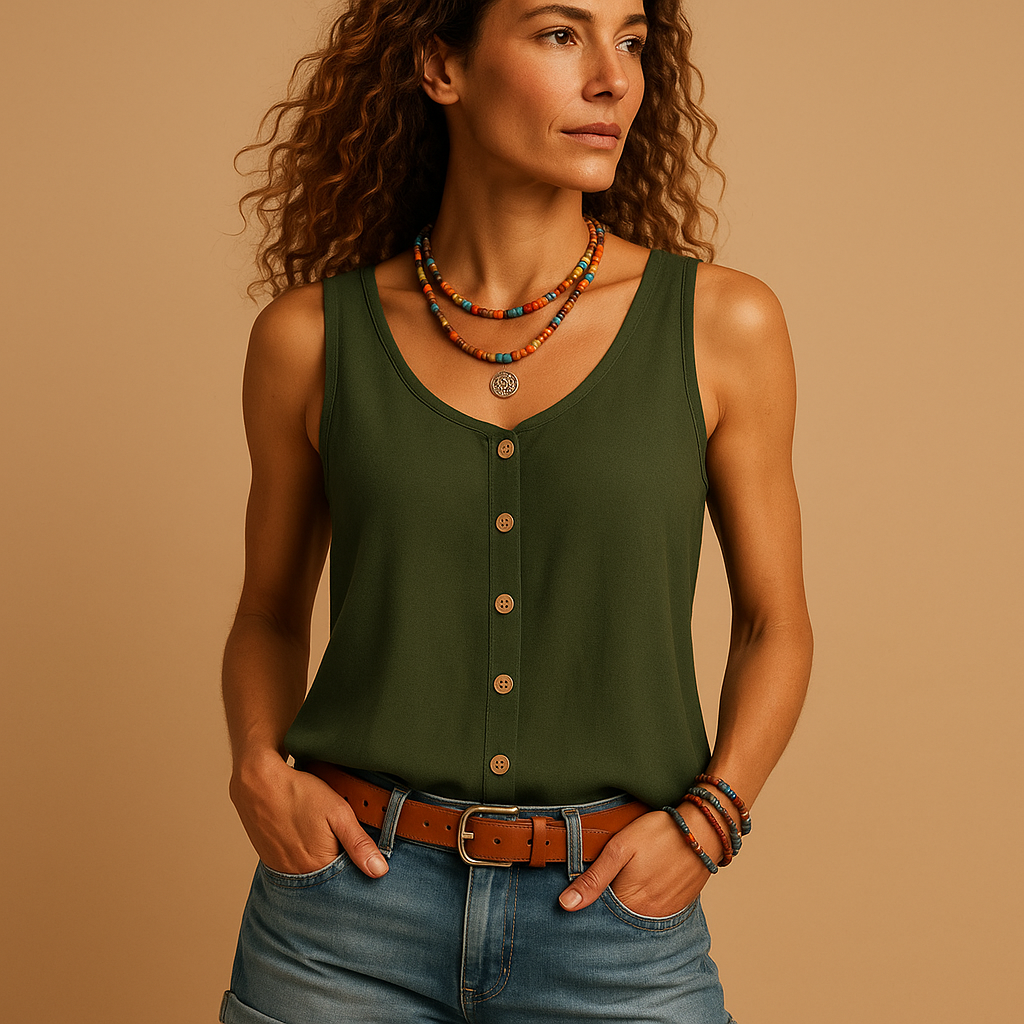 Women’s sleeveless V-neck summer top in vibrant colors with relaxed fit and casual style, perfect for warm weather.