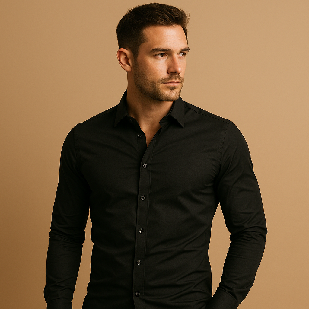 Slim fit cotton shirt for men with turndown collar and tailored design, perfect for office wear and casual occasions.