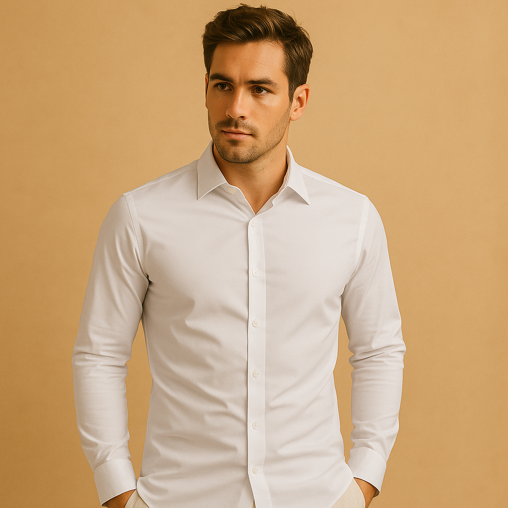 Slim fit cotton shirt for men with turndown collar and tailored design, perfect for office wear and casual occasions.