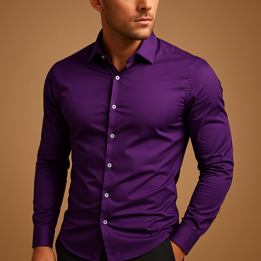 Slim fit cotton shirt for men with turndown collar and tailored design, perfect for office wear and casual occasions.