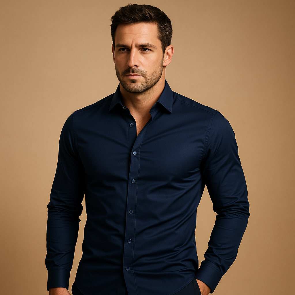 Slim fit cotton shirt for men with turndown collar and tailored design, perfect for office wear and casual occasions.