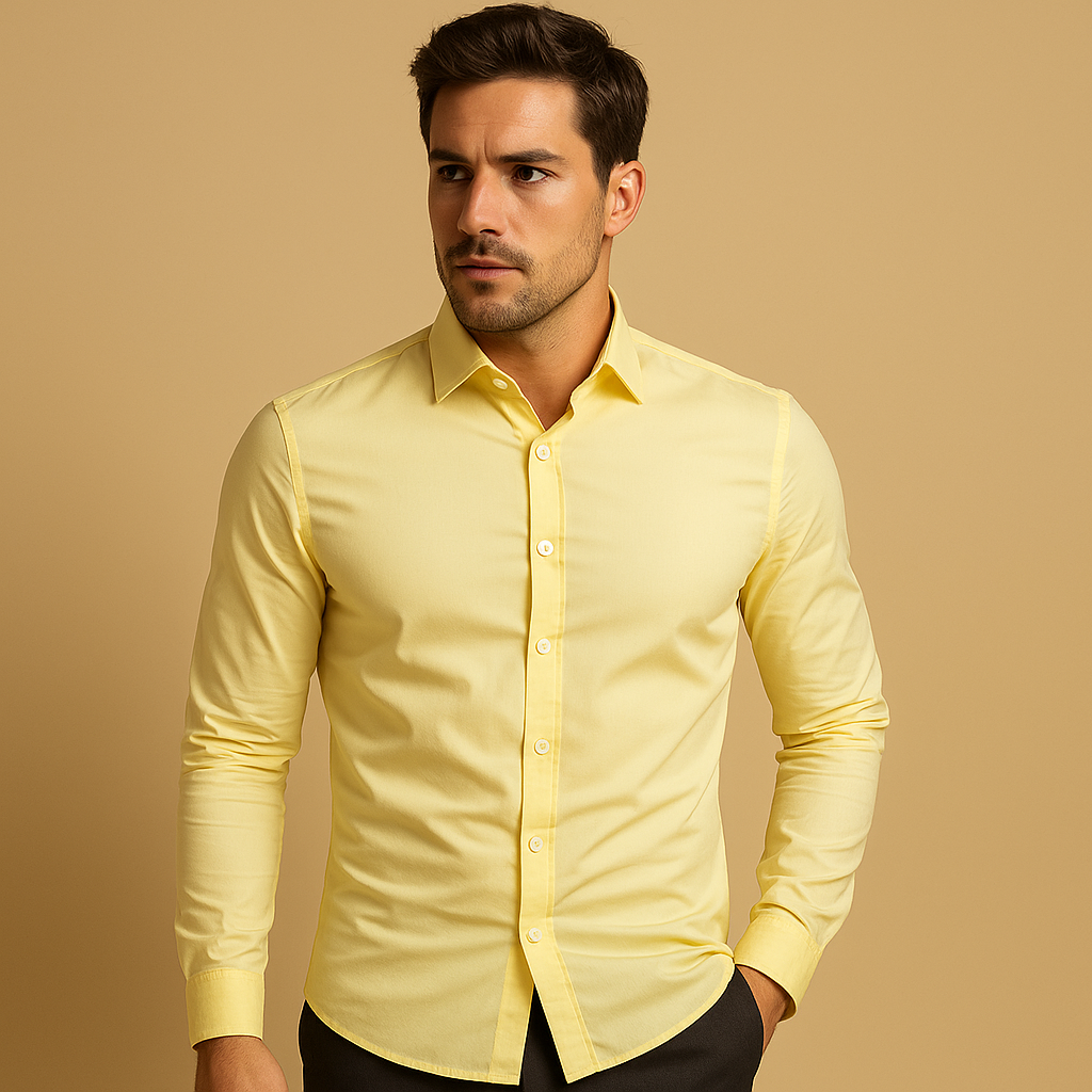 Slim fit cotton shirt for men with turndown collar and tailored design, perfect for office wear and casual occasions.