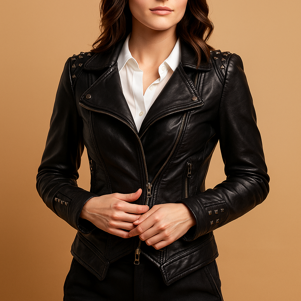Women’s slim-fit gothic jacket with quilted detailing and silver hardware, ideal for bold evening looks and alternative fashion.
