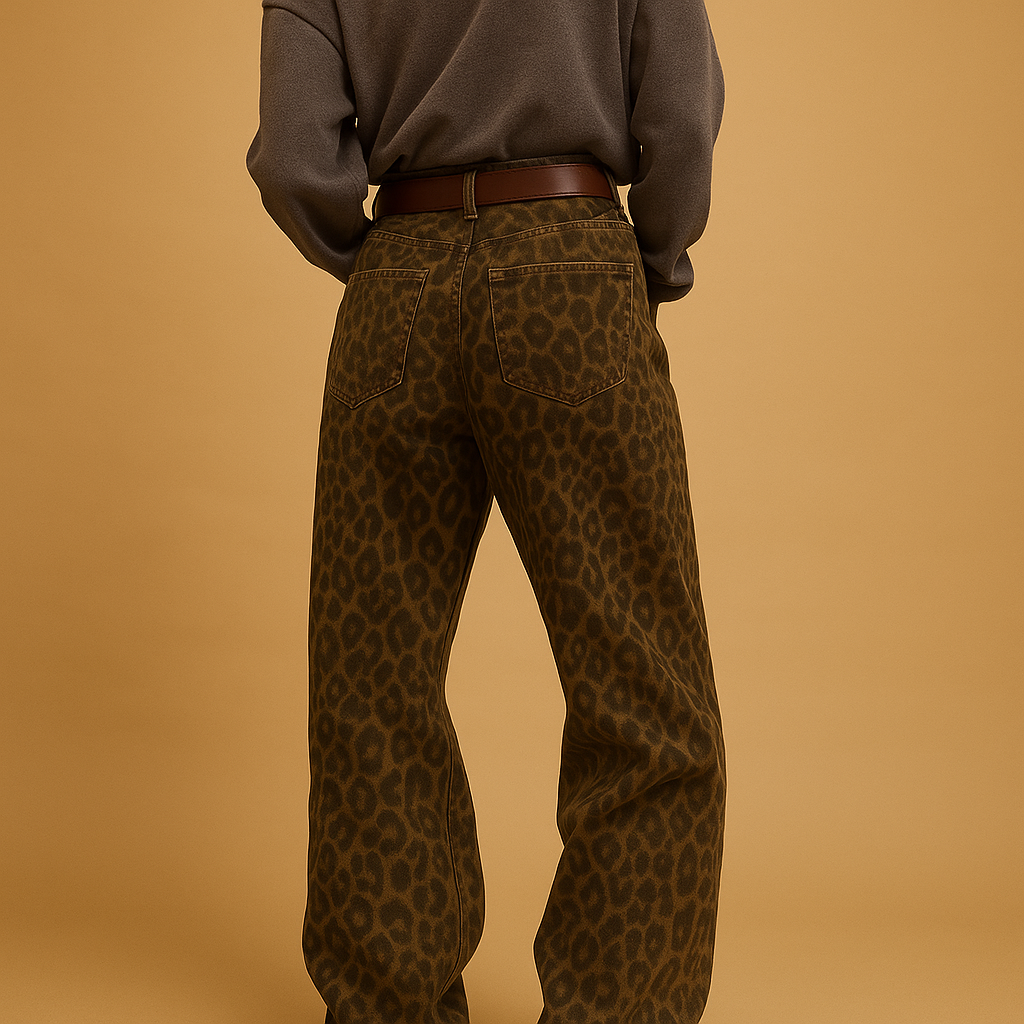 Women’s slim fit leopard print jeans made of cotton with stretch, designed for comfort and a bold fashion statement for casual or evening wear.