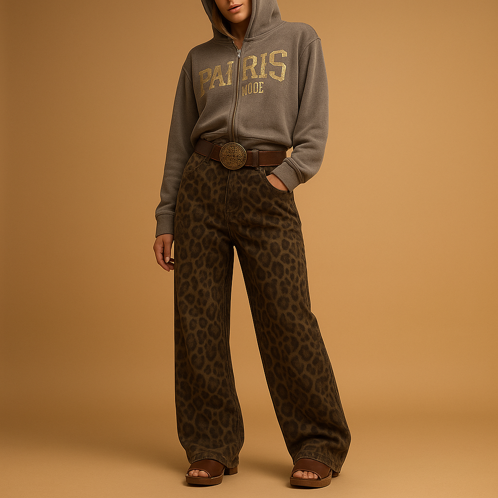 Women’s slim fit leopard print jeans made of cotton with stretch, designed for comfort and a bold fashion statement for casual or evening wear.