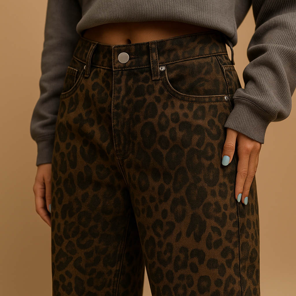 Women’s slim fit leopard print jeans made of cotton with stretch, designed for comfort and a bold fashion statement for casual or evening wear.