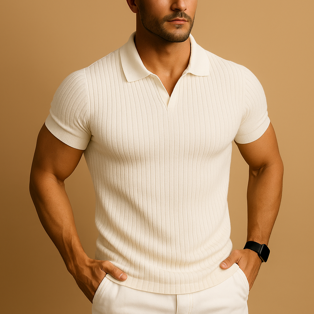 Slim fit polo shirt for men with V-neck and lapel collar, featuring short sleeves and fine ribbed texture for a stylish smart-casual look.