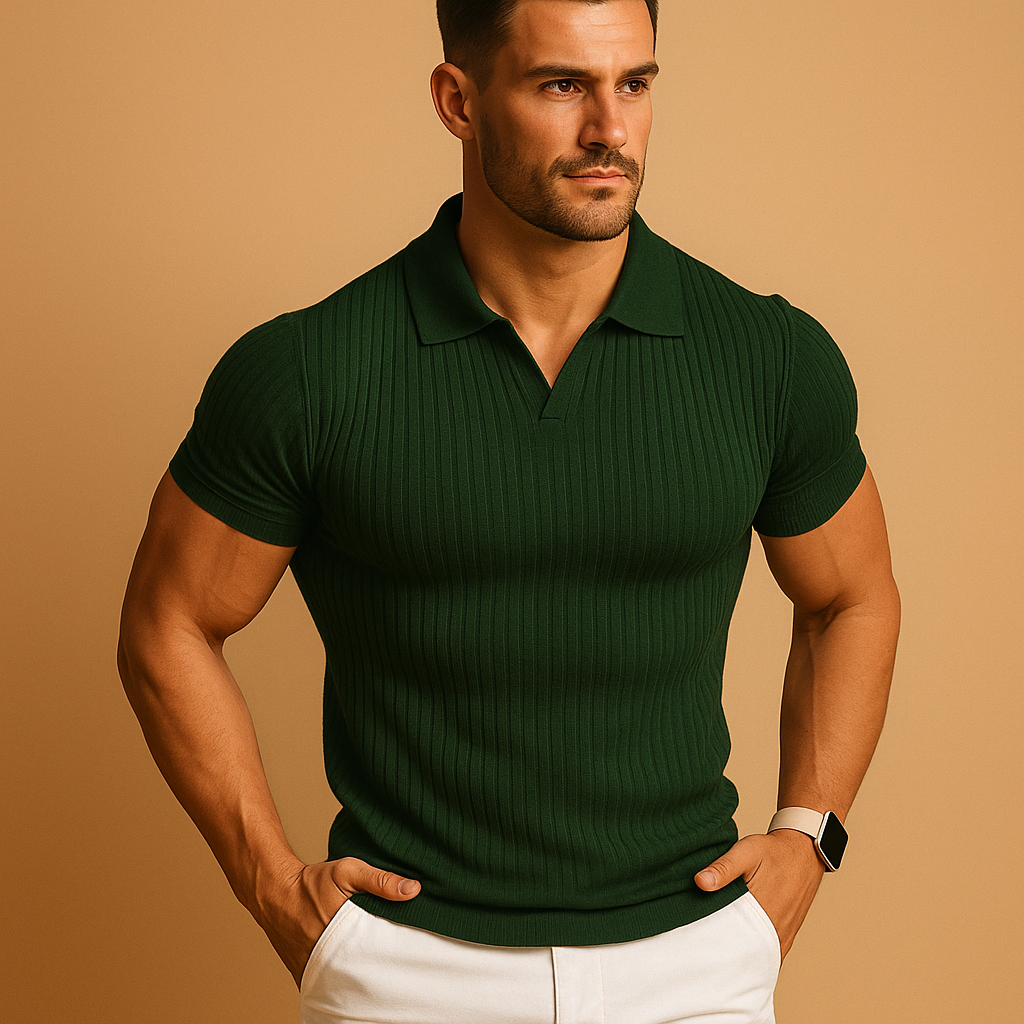 Slim fit polo shirt for men with V-neck and lapel collar, featuring short sleeves and fine ribbed texture for a stylish smart-casual look.