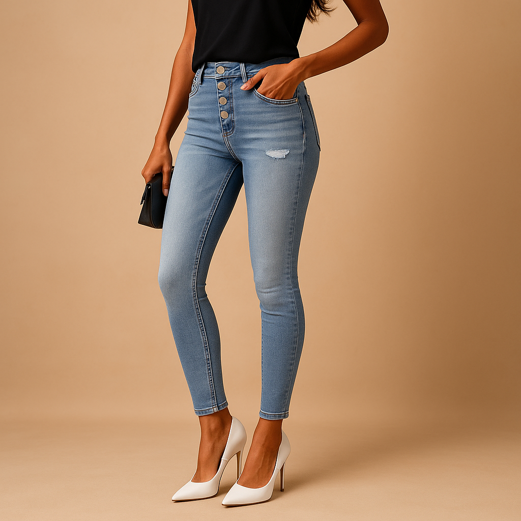 Women’s slim fit ripped jeans with flattering stretch fit and trendy distressed details. Ideal for casual days, evenings out, and modern style.
