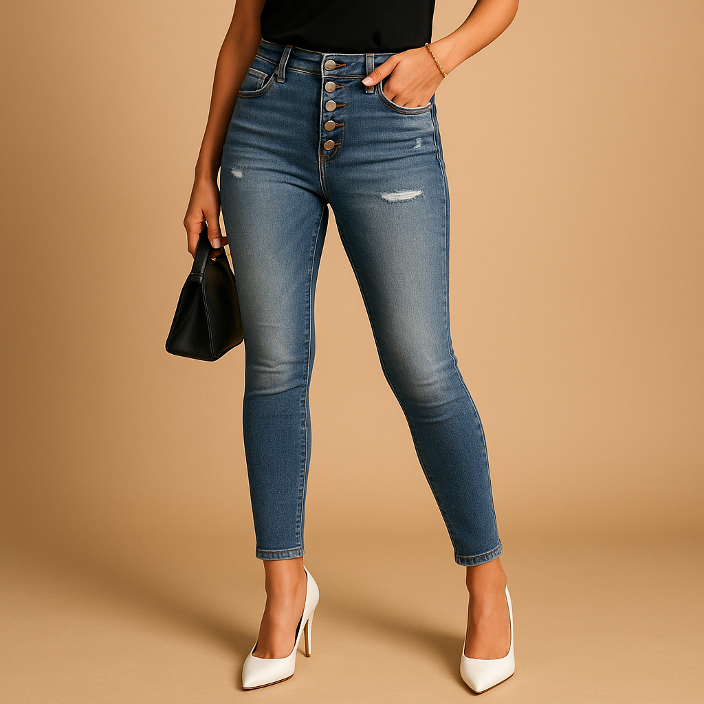 Women’s slim fit ripped jeans with flattering stretch fit and trendy distressed details. Ideal for casual days, evenings out, and modern style.