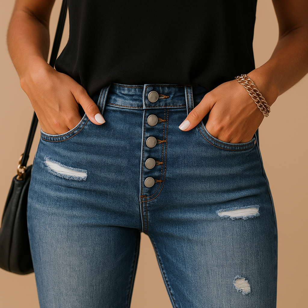 Women’s slim fit ripped jeans with flattering stretch fit and trendy distressed details. Ideal for casual days, evenings out, and modern style.