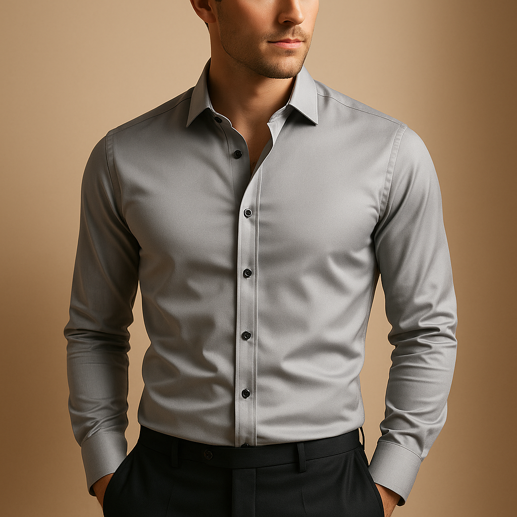 Slim fit stretch shirt for men with classic button-up design, breathable fabric, and tailored fit for both business and casual occasions.