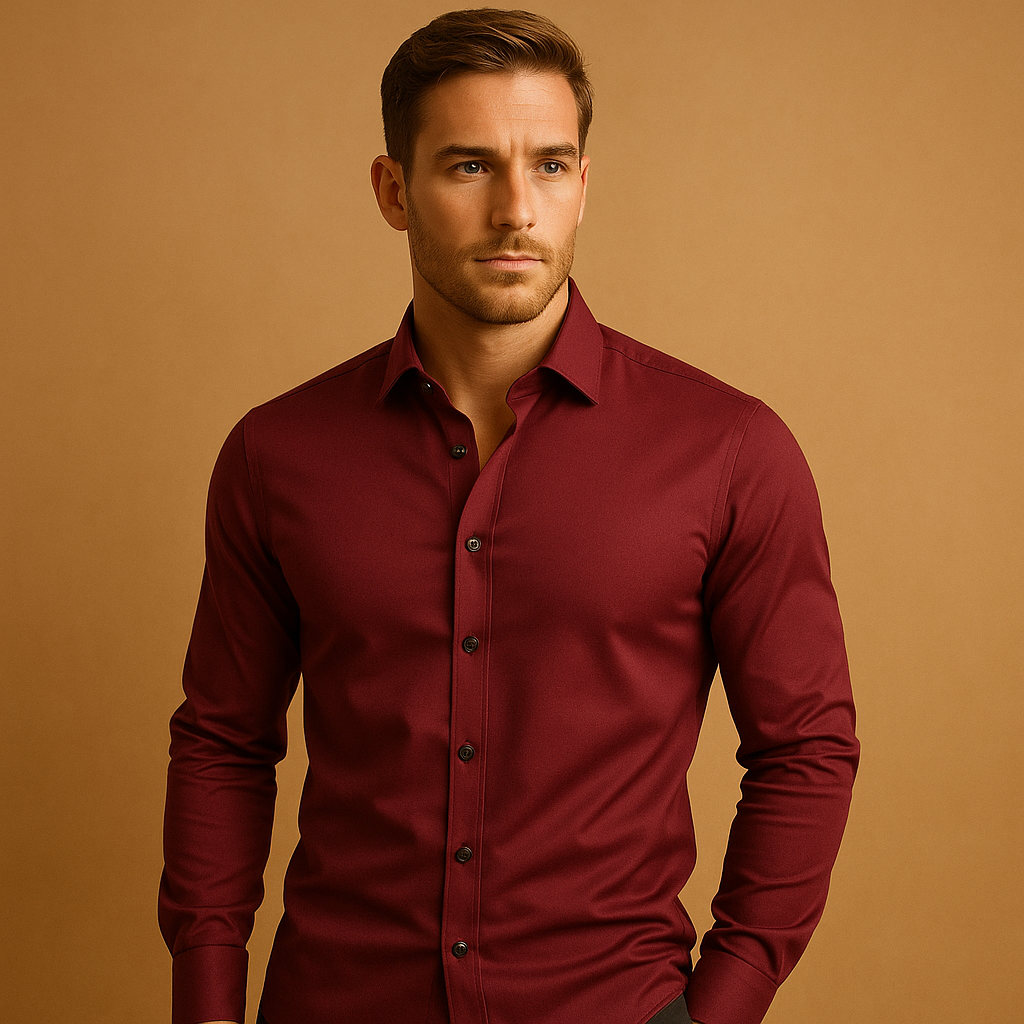 Slim fit stretch shirt for men with classic button-up design, breathable fabric, and tailored fit for both business and casual occasions.