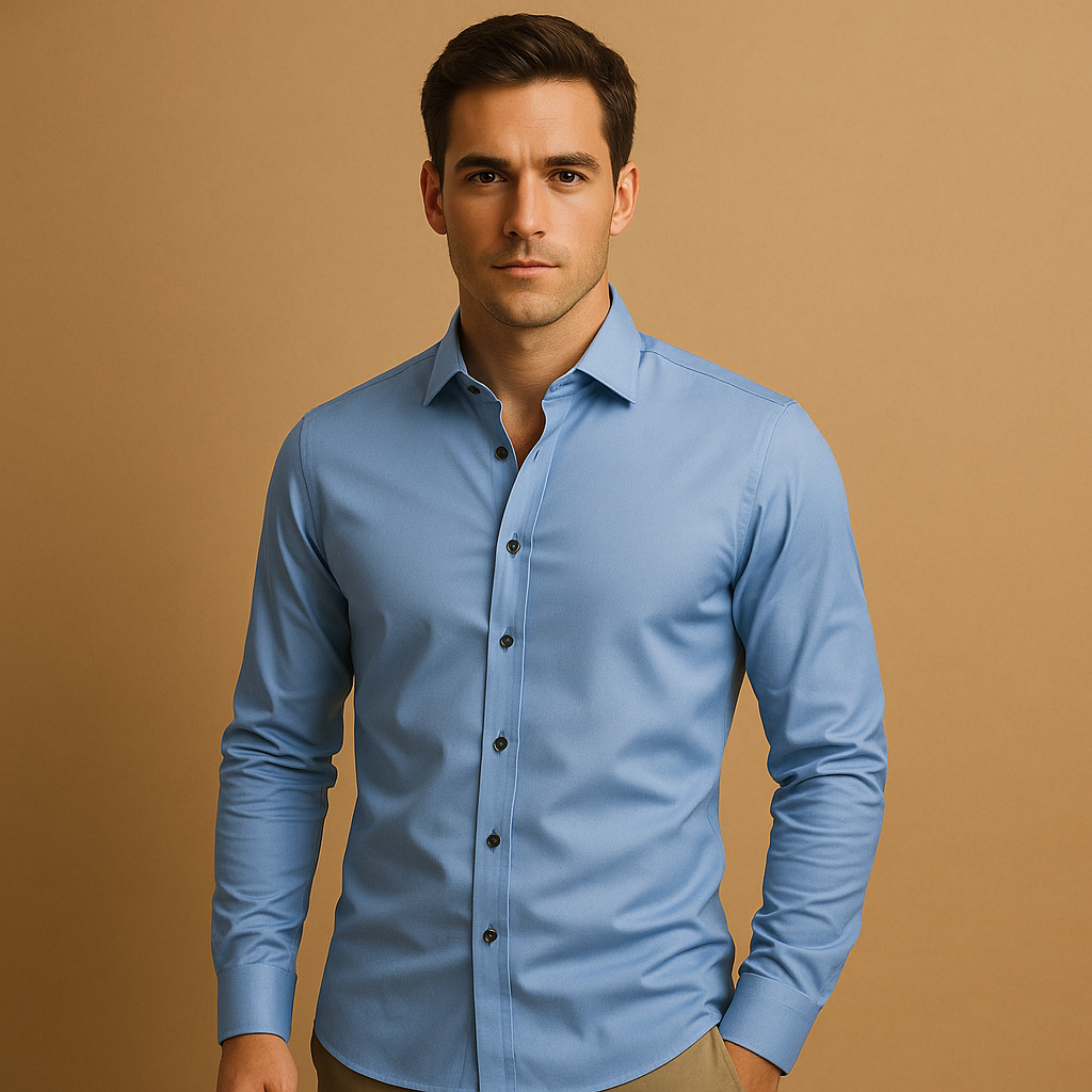 Slim fit stretch shirt for men with classic button-up design, breathable fabric, and tailored fit for both business and casual occasions.