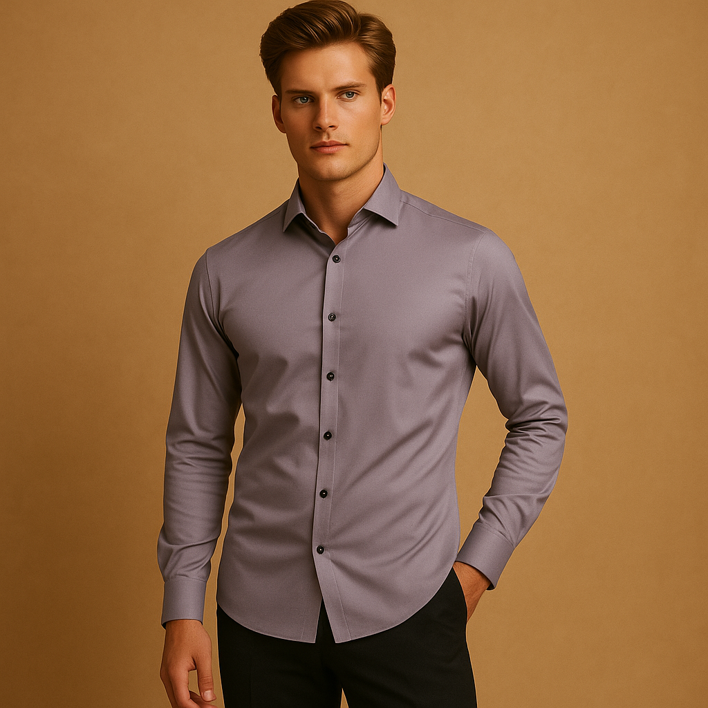 Slim fit stretch shirt for men with classic button-up design, breathable fabric, and tailored fit for both business and casual occasions.