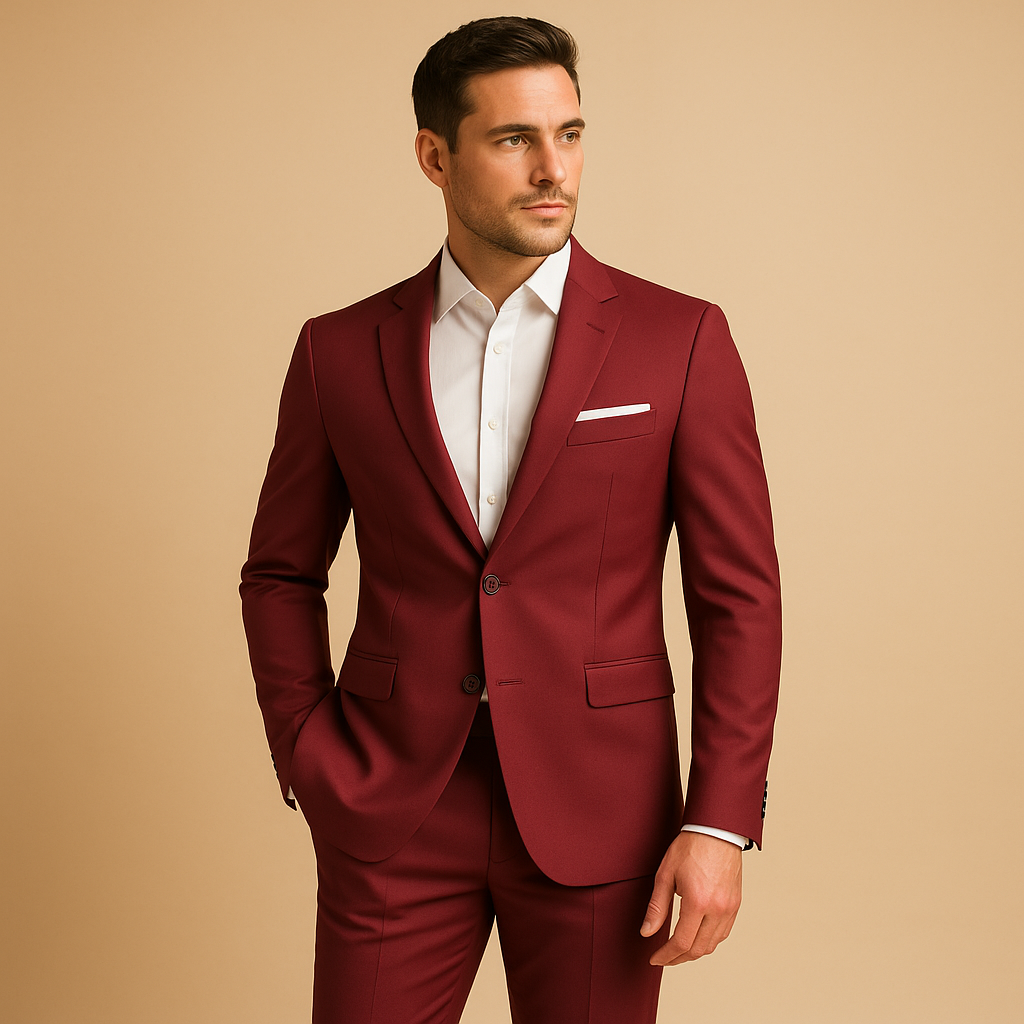 Men’s slim fit formal suit with classic blazer and trousers, perfect for weddings, business meetings, and formal occasions.