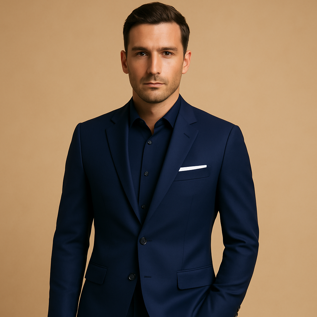 Men’s slim fit formal suit with classic blazer and trousers, perfect for weddings, business meetings, and formal occasions.