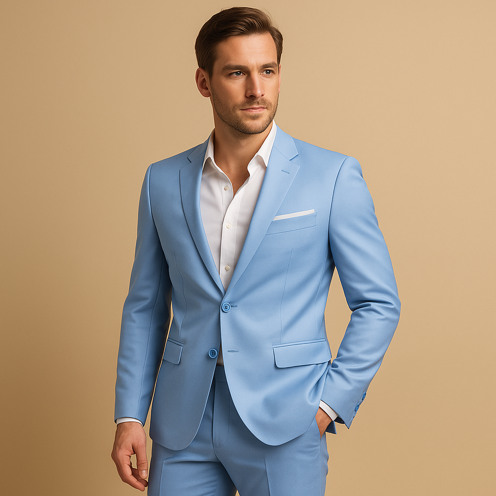 Men’s slim fit formal suit with classic blazer and trousers, perfect for weddings, business meetings, and formal occasions.