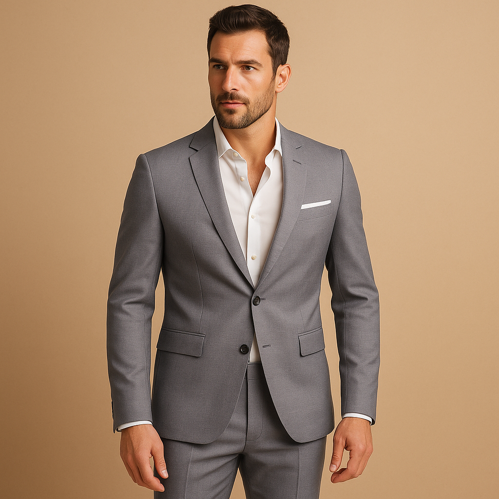 Men’s slim fit formal suit with classic blazer and trousers, perfect for weddings, business meetings, and formal occasions.