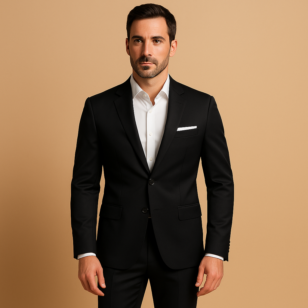 Men’s slim fit formal suit with classic blazer and trousers, perfect for weddings, business meetings, and formal occasions.