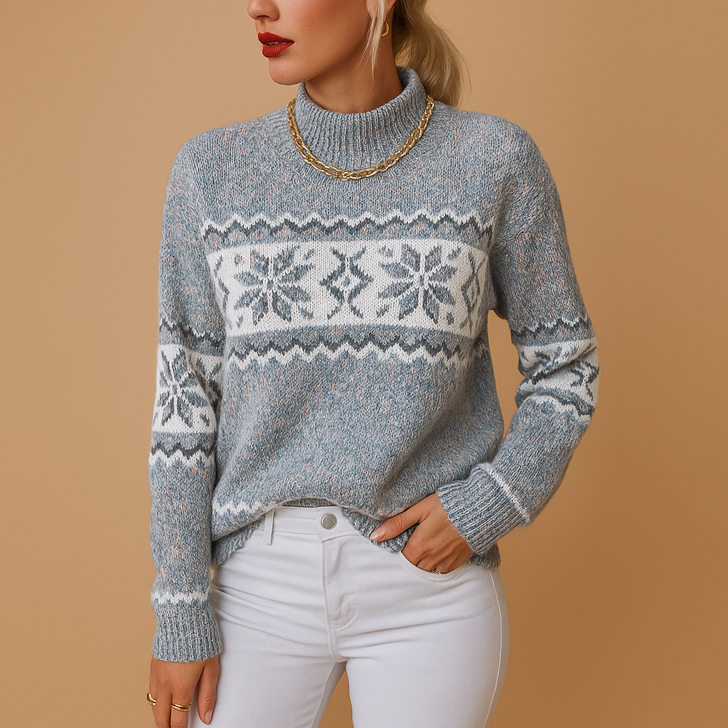 Women’s snowflake knit turtleneck sweater with soft wool-blend feel, ideal for holidays, winter outings, and everyday cold-weather wear.