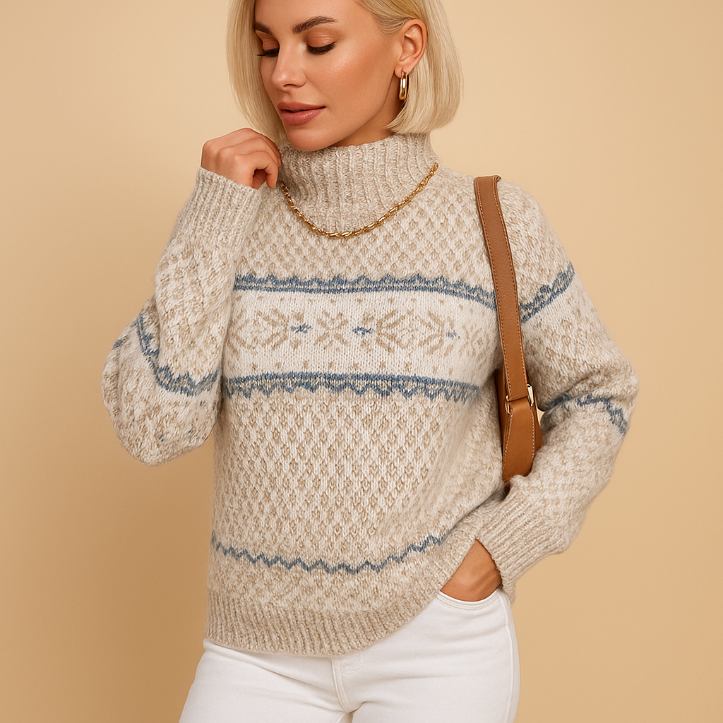 Women’s snowflake knit turtleneck sweater with soft wool-blend feel, ideal for holidays, winter outings, and everyday cold-weather wear.