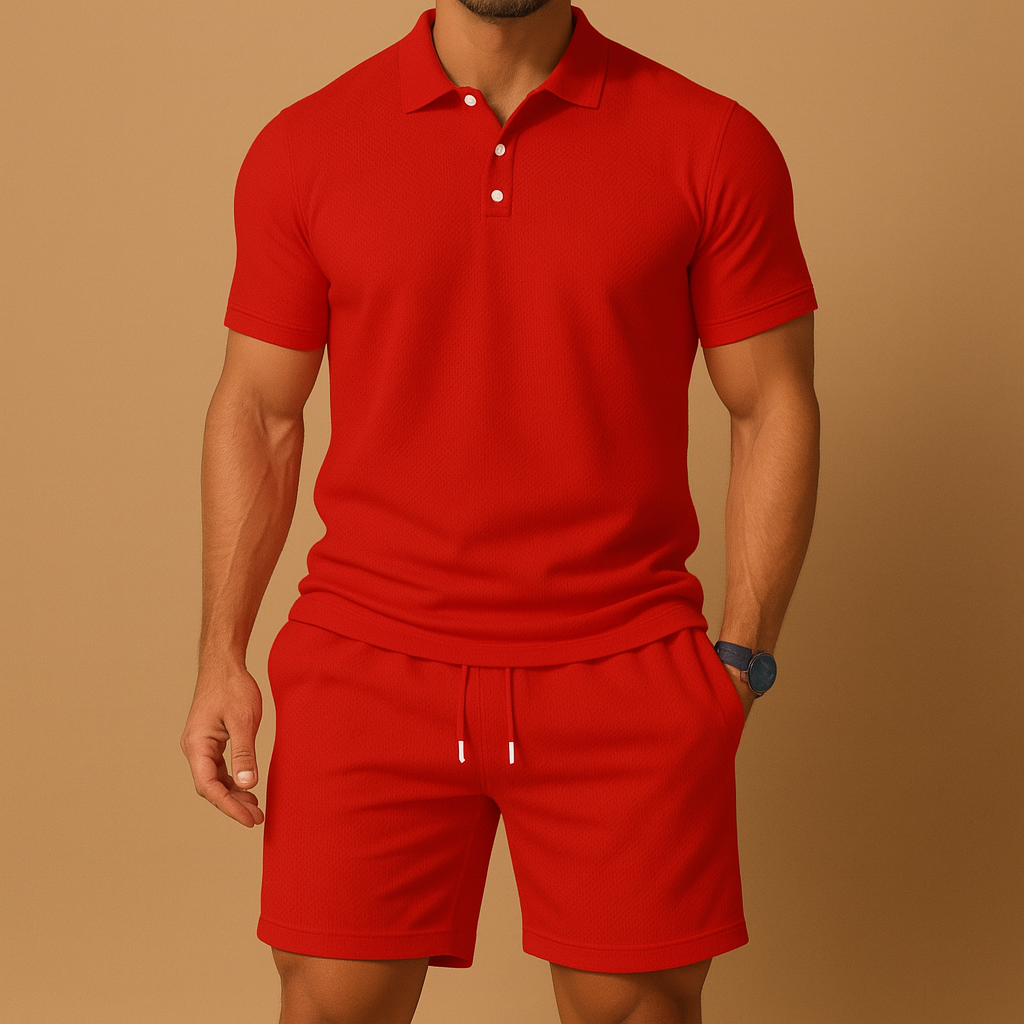Men’s sporty polo set with solid color and drawstring detail, perfect for golf, leisure, and summer outings.