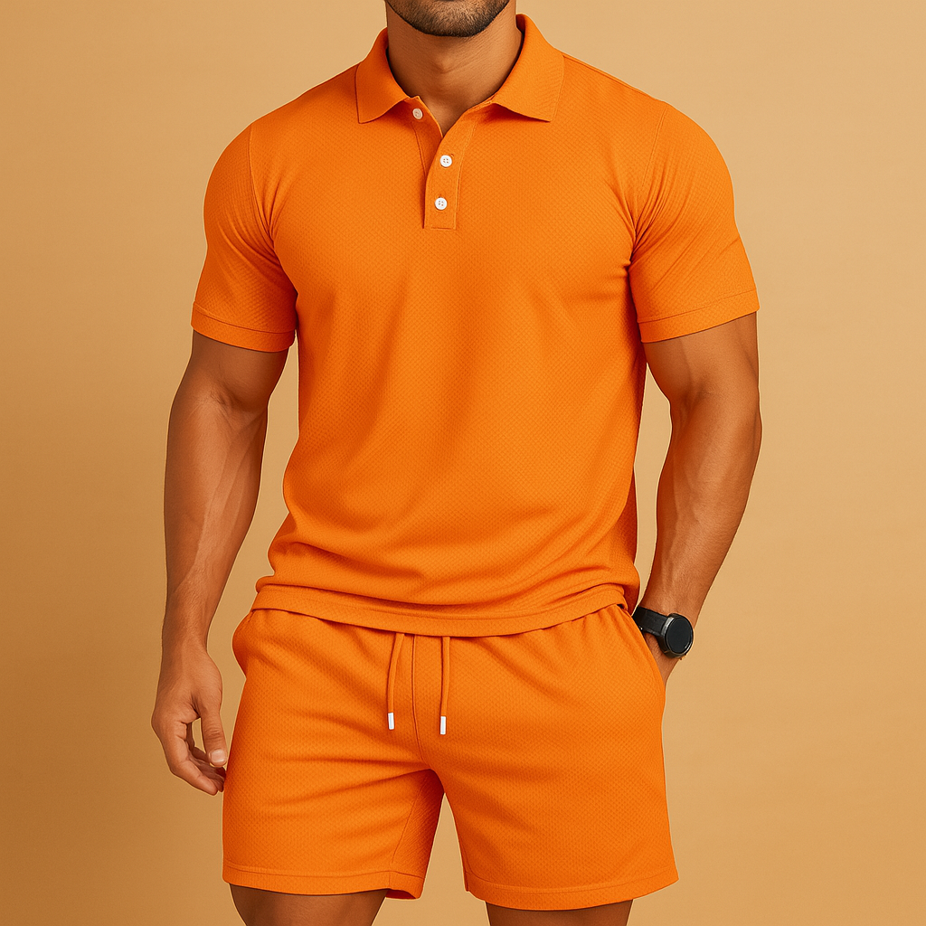 Men’s sporty polo set with solid color and drawstring detail, perfect for golf, leisure, and summer outings.