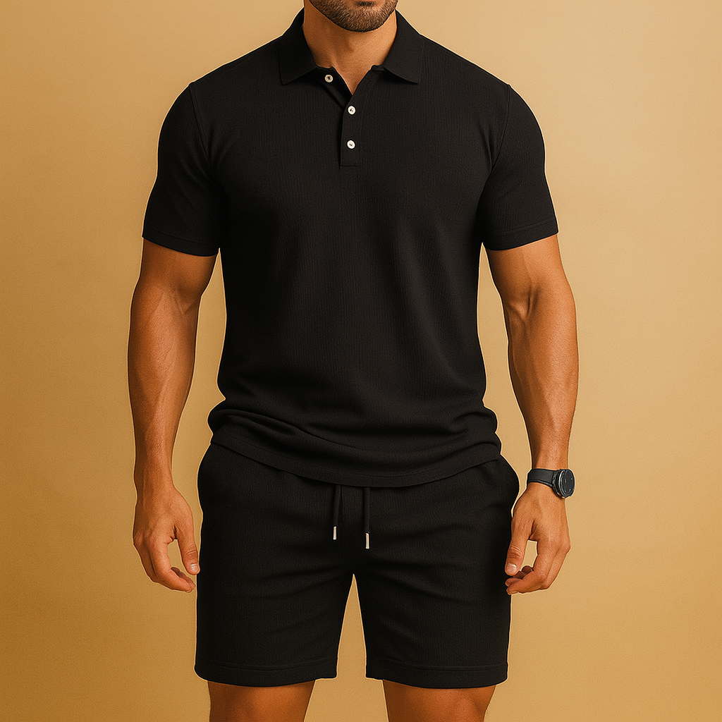 Men’s sporty polo set with solid color and drawstring detail, perfect for golf, leisure, and summer outings.