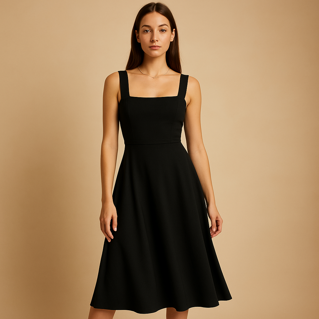 Square-neck midi dress for women with wide straps and elastic waistband, ideal for weddings, parties, and stylish everyday wear.