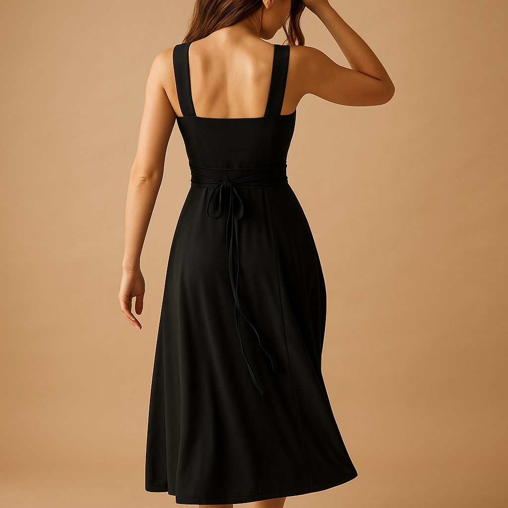 Square-neck midi dress for women with wide straps and elastic waistband, ideal for weddings, parties, and stylish everyday wear.