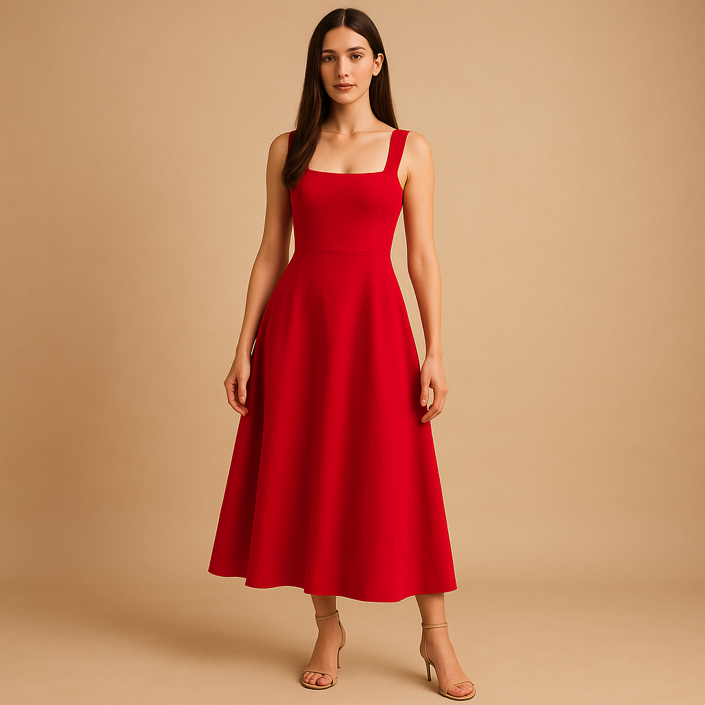 Square-neck midi dress for women with wide straps and elastic waistband, ideal for weddings, parties, and stylish everyday wear.