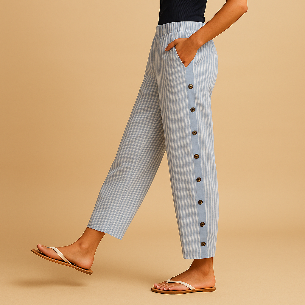 Women’s striped chic pants with high waist, soft breathable fabric, and flattering silhouette, ideal for office wear, evenings, and casual looks.