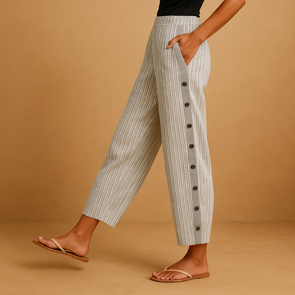 Women’s striped chic pants with high waist, soft breathable fabric, and flattering silhouette, ideal for office wear, evenings, and casual looks.