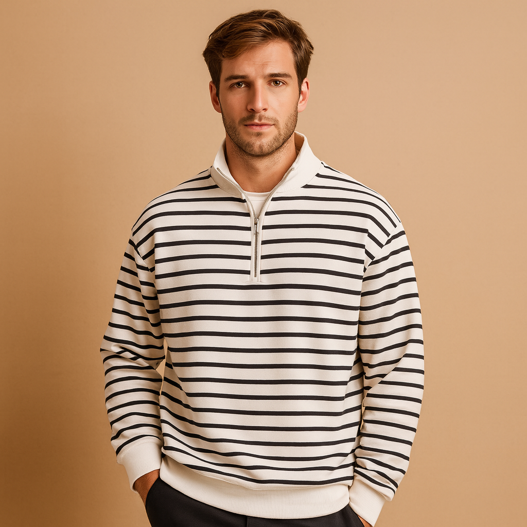 Men’s striped half zip pullover in white with black stripes, soft, comfortable, and perfect for casual or sporty wear in autumn, winter, and spring.