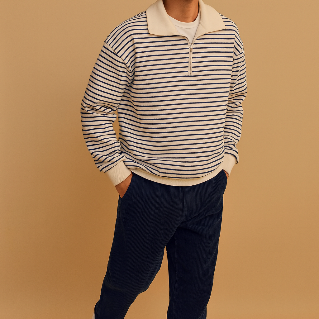 Men’s striped half zip pullover in white with black stripes, soft, comfortable, and perfect for casual or sporty wear in autumn, winter, and spring.