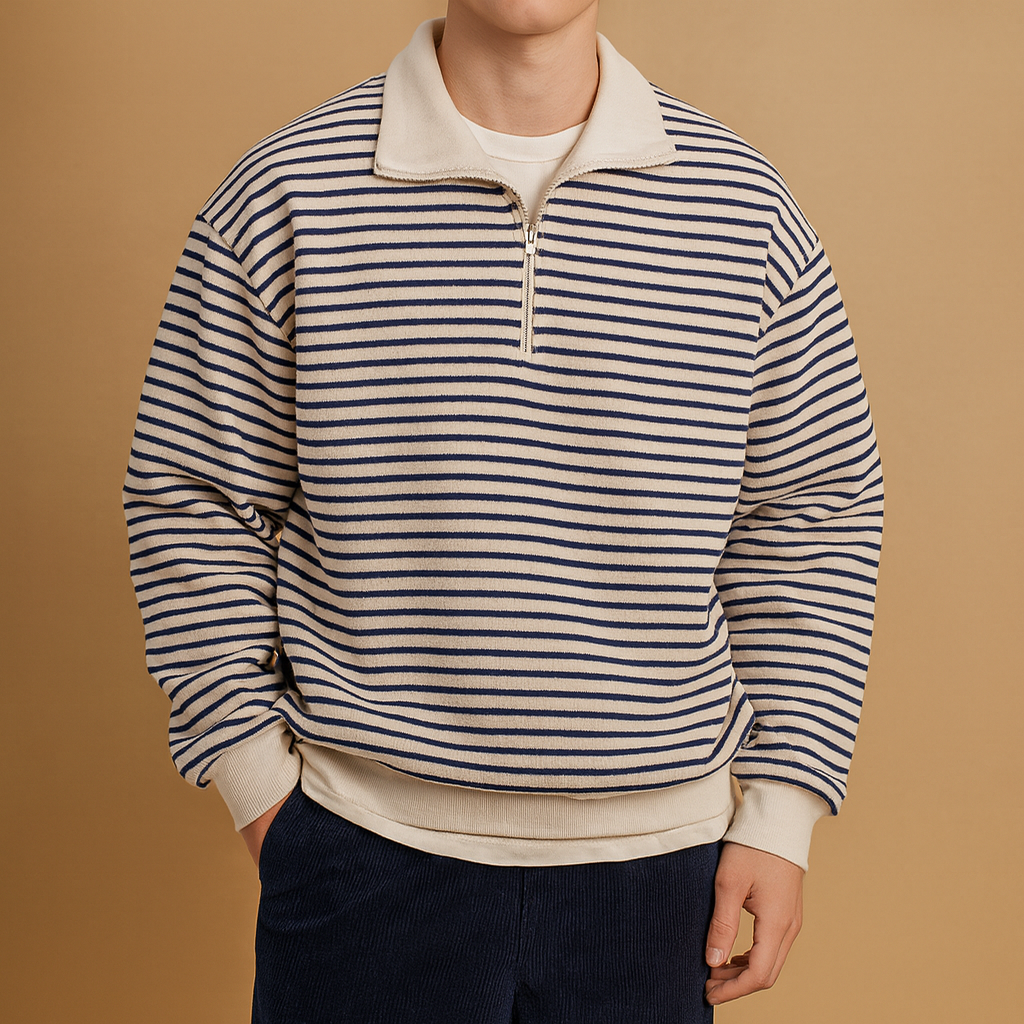 Men’s striped half zip pullover in white with black stripes, soft, comfortable, and perfect for casual or sporty wear in autumn, winter, and spring.