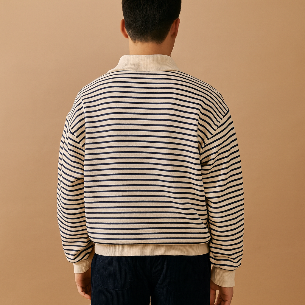 Men’s striped half zip pullover in white with black stripes, soft, comfortable, and perfect for casual or sporty wear in autumn, winter, and spring.