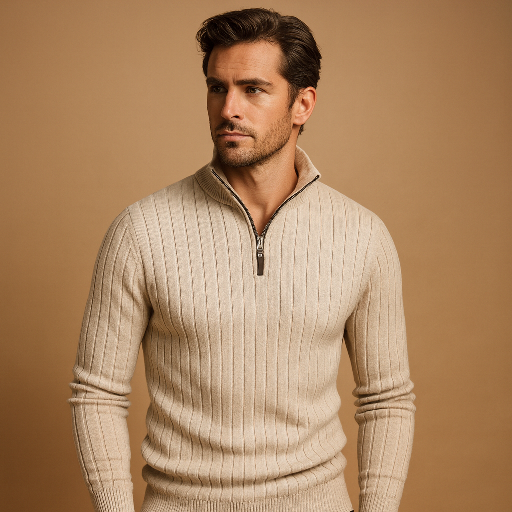 Men’s striped half zip sweater in gray with soft fabric and sporty design, perfect for casual or semi-formal wear in autumn and winter.