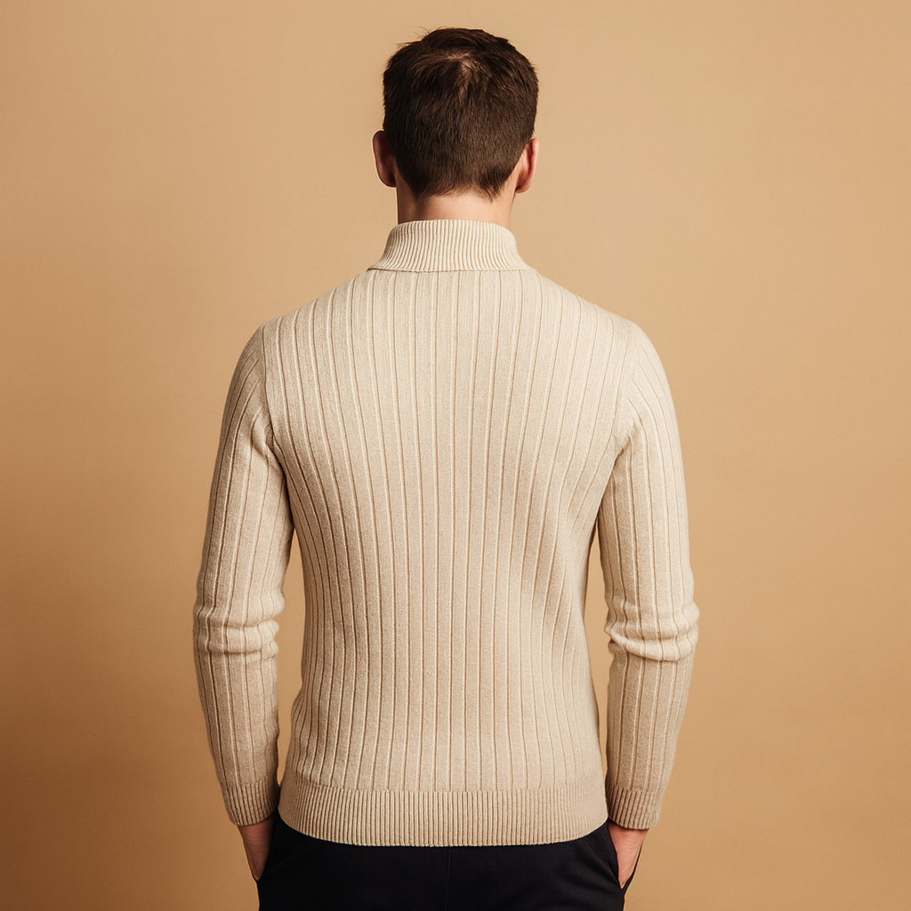 Men’s striped half zip sweater in gray with soft fabric and sporty design, perfect for casual or semi-formal wear in autumn and winter.