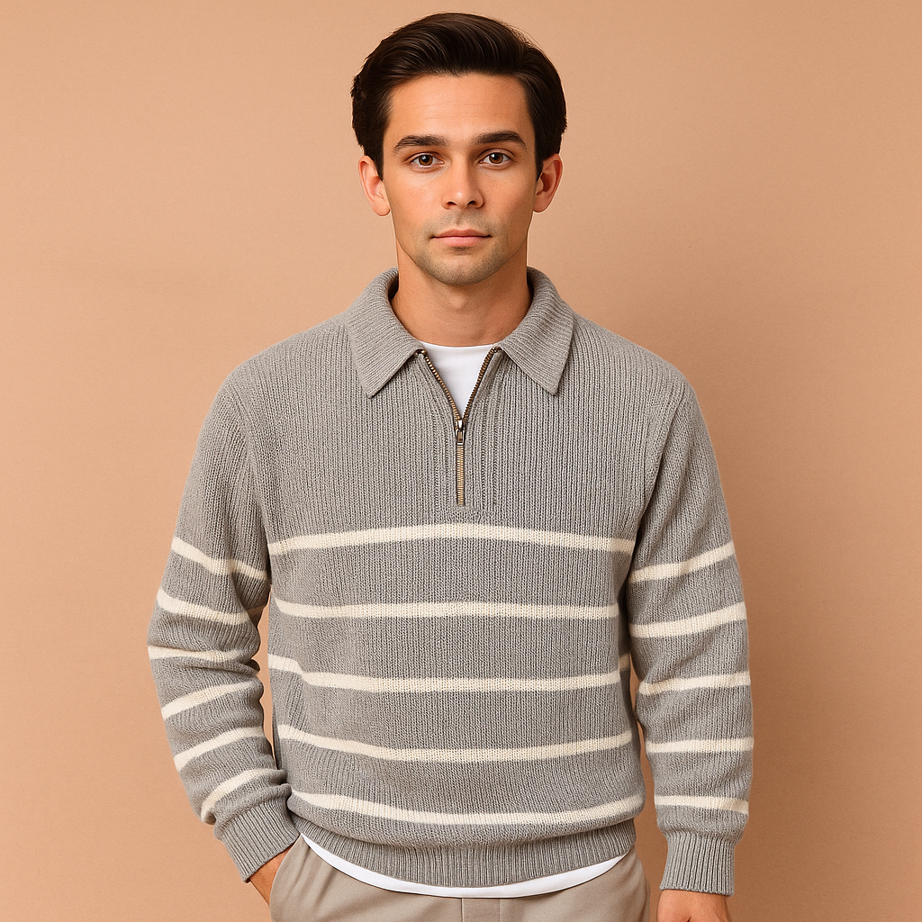 Men’s striped half zip sweater in gray with soft fabric and sporty design, perfect for casual or semi-formal wear in autumn and winter.