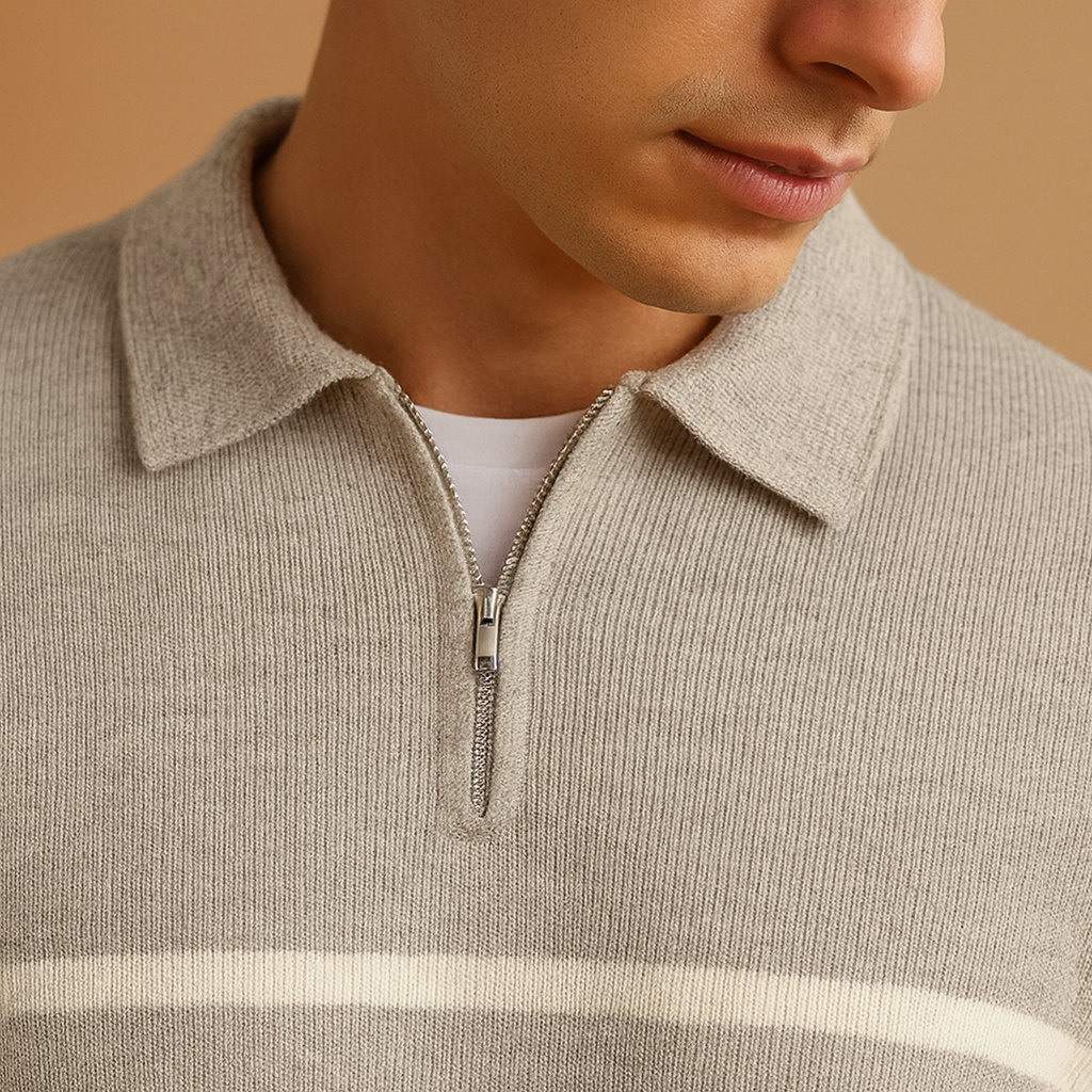 Men’s striped half zip sweater in gray with soft fabric and sporty design, perfect for casual or semi-formal wear in autumn and winter.