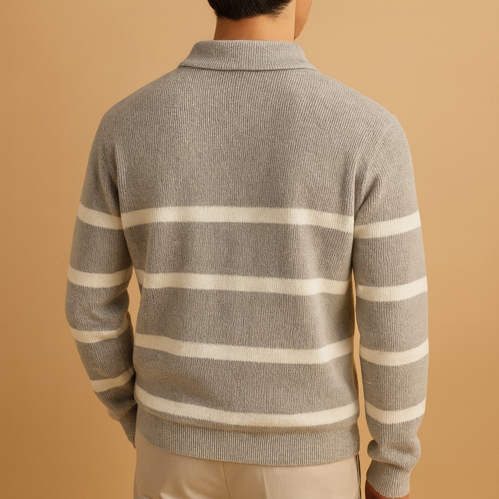 Men’s striped half zip sweater in gray with soft fabric and sporty design, perfect for casual or semi-formal wear in autumn and winter.