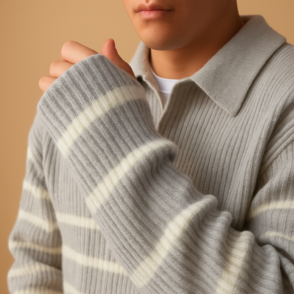 Men’s striped half zip sweater in gray with soft fabric and sporty design, perfect for casual or semi-formal wear in autumn and winter.