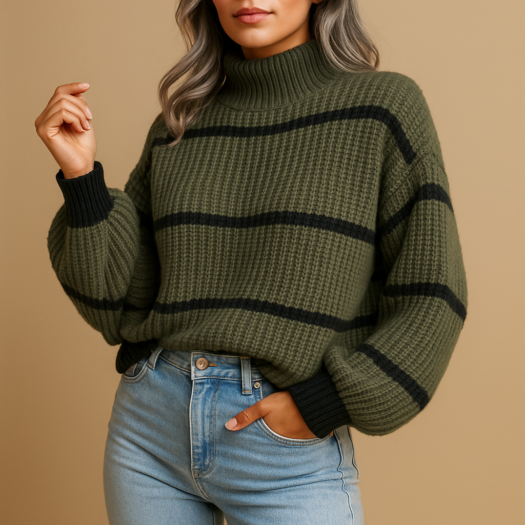 Women’s striped high-neck sweater in black and white with relaxed fit and ribbed edges. Perfect for casual wear or smart-casual outfits.
