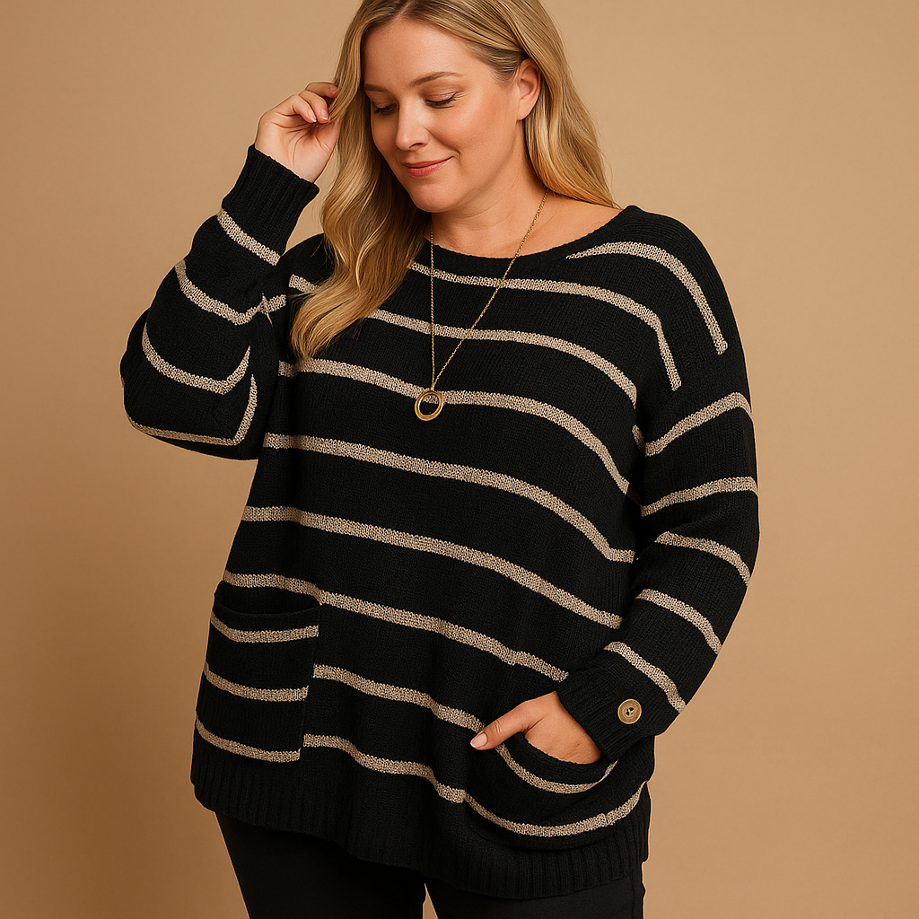 Women’s striped knitted sweater with round neck and long sleeves, offering comfort and timeless style for casual or semi-formal outfits.