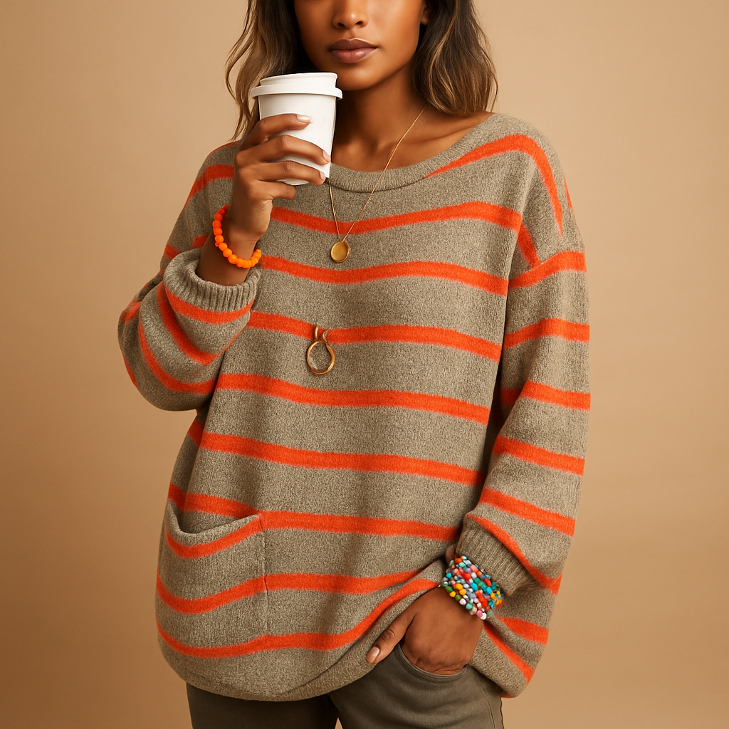 Women’s striped knitted sweater with round neck and long sleeves, offering comfort and timeless style for casual or semi-formal outfits.