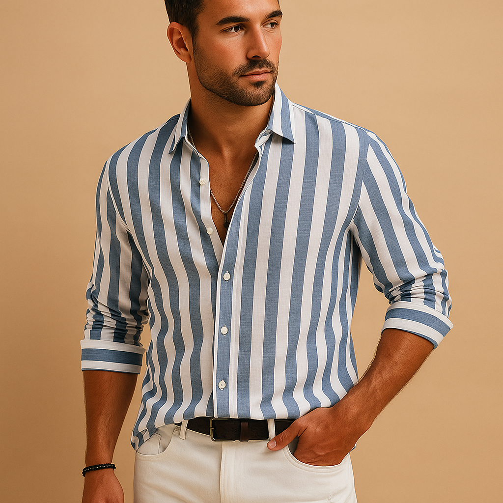 Men’s striped long sleeve shirt in blue and white with a modern tailored fit, perfect for business or casual wear.
