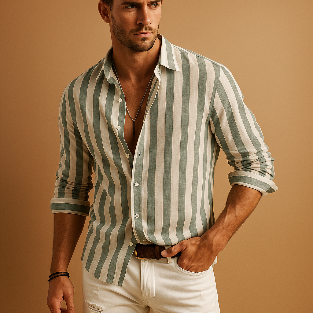 Men’s striped long sleeve shirt in blue and white with a modern tailored fit, perfect for business or casual wear.